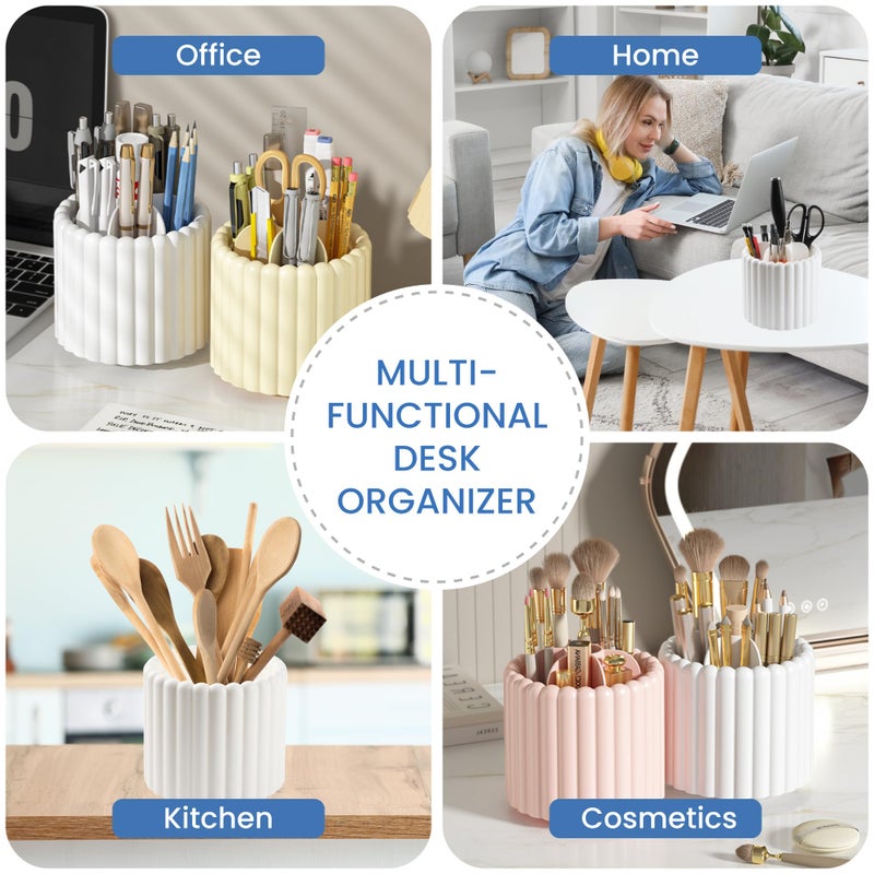 Sallurna Desk Organizer, 360 Rotating Pen Holder for Desk, Pencil Cup with 7 Compartments Storage Box Caddy for Kids, Office, School, Home (White) - Image 2